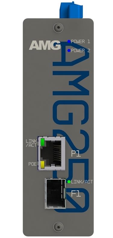 AMG - AMG250-1GAT-1S-P30 - Industrial Media Converter, 1x10/100/1000Base-T(x) RJ45 Ports with 802.3at 30W PoE, 1x100/1000Base-Fx SFP Ports, -40°C to +75°C, 48-57VDC Power Input,  DIN rail/Panel mount, SFPs NOT INCLUDED.