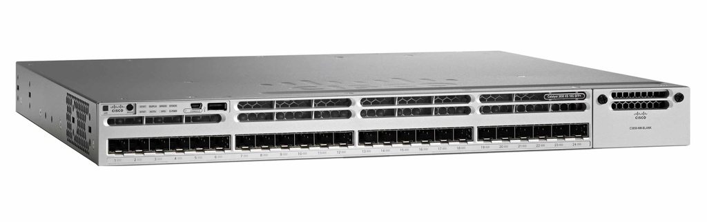 CISCO - WS-C3850-24XS-S - Catalyst 3850 24-Port Stackable 10G Fiber Switch IP Base, 24 x SFP+ Ethernet ports, with 715WAC power supply.