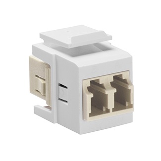 Leviton - 41085-MLW - QuickPort® FO MM OM3 Duplex LC Adapter Module, Zirconia Ceramic sleeve, Shuttered, Keystone, female front/back, White. "DISCONTINUED"