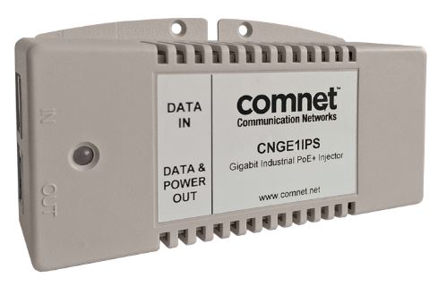 Comnet - CNGE1IPS - Industrial 1-Port Gigabit PoE+ Midspan Injector, 10/100/1000BASE-TX, 56VDC @ 35W Output (IEEE802.3at Compliant), -25⁰C to +75⁰C, Integrated PSU, 90-264VAC Input, Wall Mount.