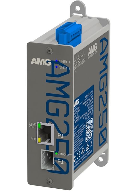 AMG - AMG250-1GAT-1S-P30 - Single Channel Industrial Hardened PoE Media Converter, 1x10/100/1000Base-T(x) RJ45 Port with 802.3at 30W PoE & 1x100/1000Base-Fx SFP Port, -40°C to +75°C, 48-57VDC Power Input,  DIN rail/Panel mount, SFPs NOT INCLUDED.