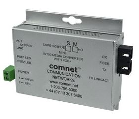 COMNET - CNFESFPMCPOE30/M - Industrial Media Converter 1-Port RJ45 10/100Mbps PoE+ 30W 802.3at, 1-Port SFP Port, Mini, *PSU Purchased Separately.