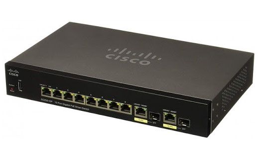 CISCO - SG350-10P-K9-UK - 10-Port L3 Gigabit PoE Managed Switch, 8 x 10/100/1000 (PoE+) + 2 x Combo (Gigabit / SFP), 62 Watt.