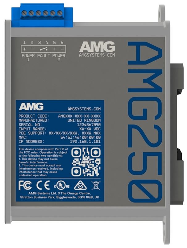 AMG - AMG250-1GAT-1S-P30 - Industrial Media Converter, 1x10/100/1000Base-T(x) RJ45 Ports with 802.3at 30W PoE, 1x100/1000Base-Fx SFP Ports, -40°C to +75°C, 48-57VDC Power Input,  DIN rail/Panel mount, SFPs NOT INCLUDED.