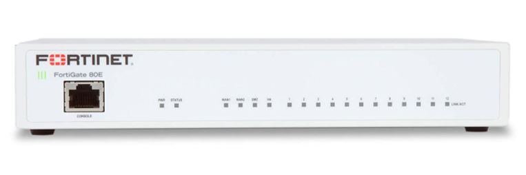 FORTINET - FG 80E - FortiGate 80E Firewall, 14x GE RJ45 ports (including 1x DMZ port, 1x Mgmt port, 1x HA port, 12x switch ports), 2x Shared Media pairs (including 2x GE RJ45 ports, 2x SFP slots),  Max managed FortiAPs (Total/Tunnel) 32/16.