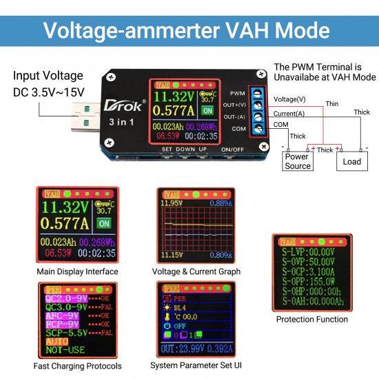 DROK - 200488 - Digital USB Buck Boost Voltage Regulator DC 3.5V-15V to 0.6V-30V 2A 15W Power Supply Module.