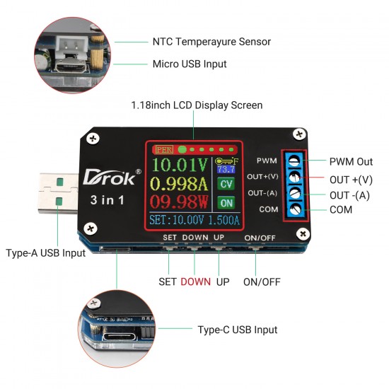 DROK - 200488 - Digital USB Buck Boost Voltage Regulator DC 3.5V-15V to 0.6V-30V 2A 15W Power Supply Module.
