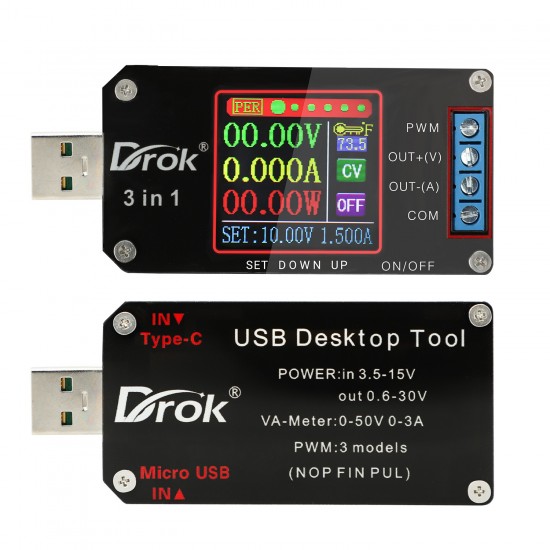 DROK - 200488 - Digital USB Buck Boost Voltage Regulator DC 3.5V-15V to 0.6V-30V 2A 15W Power Supply Module.