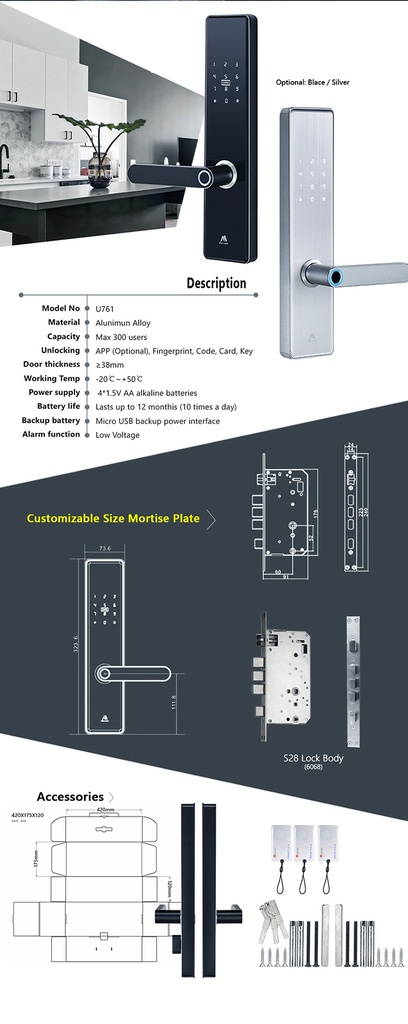 Molilock - U761.S - Smart Door Lock for Single Doors, Features (Wifi, Blutooth, Fingerprint, PIN code, Card, Key, Smart Phone App (Tuya), Deadbolt), Aluminum Silver.