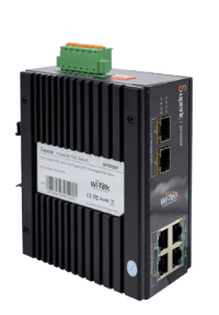 Wireless-Tek - SP3006F - Fiber Uplink Unmanaged Industrial 4-Port POE Switch, 4GE POE + 2SFP Fiber Uplink, Buffer reaches 4Mbit, Port 1-4 Support 802.3af/at 30W PoE, Smart DIP Switch: VLAN/Extend/QoS/PoE Watchdog mode, Industrial Level 4 protection (ESD,RS,EFT,CS), -40 to 75 C working temperature, 6kV Surge Immunity, Support redundant DC 44~57V power input, Support DIN-RAIL mounted.