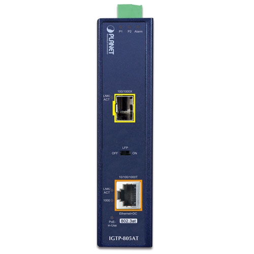 PLANET - IGTP-805AT - IP30 Industrial Gigabit Media Converter, 1000BASE-SX/LX to 10/100/1000Base-T with 802.3at POE+ (-40C -to- 75C).