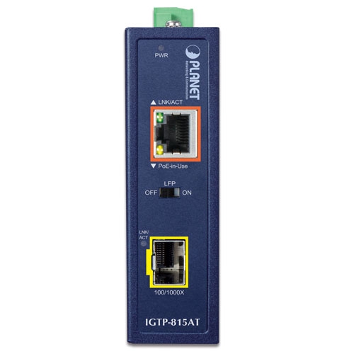 PLANET - IGTP-815AT - Gigabit Industrial Media Converter, 1x 1000BASE-SX /LX to 1x 10/100/1000BASE-T 802.3at PoE+ Industrial Media Converter (SFP, PSU Not included).