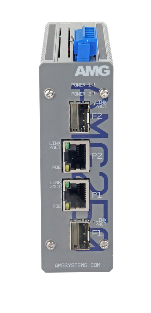AMG - AMG250-2GAT-2S-P60 - Dual Channel Industrial Multirate PoE Media Converter 2x 10/100/1000Base-T(x) RJ45 Ports 802.3at 30W PoE, 2x 100/1000Base-FX SFP Ports, DIN Rail, Wall Mount, (-40 ~ +75°C), Power Input 48-56VDC, *PSU is not included.