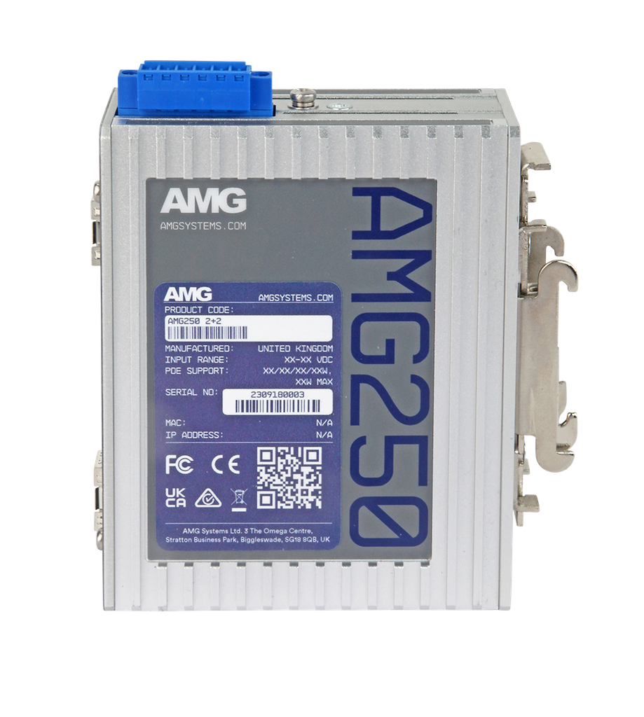 AMG - AMG250-2GAT-2S-P60 - Dual Channel Industrial Multirate PoE Media Converter 2x 10/100/1000Base-T(x) RJ45 Ports 802.3at 30W PoE, 2x 100/1000Base-FX SFP Ports, DIN Rail, Wall Mount, (-40 ~ +75°C), Power Input 48-56VDC, *PSU is not included.