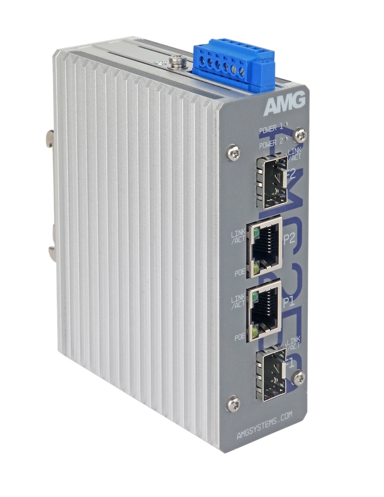AMG - AMG250-2GAT-2S-P60 - Dual Channel Industrial Multirate PoE Media Converter 2x 10/100/1000Base-T(x) RJ45 Ports 802.3at 30W PoE, 2x 100/1000Base-FX SFP Ports, DIN Rail, Wall Mount, (-40 ~ +75°C), Power Input 48-56VDC, *PSU is not included.