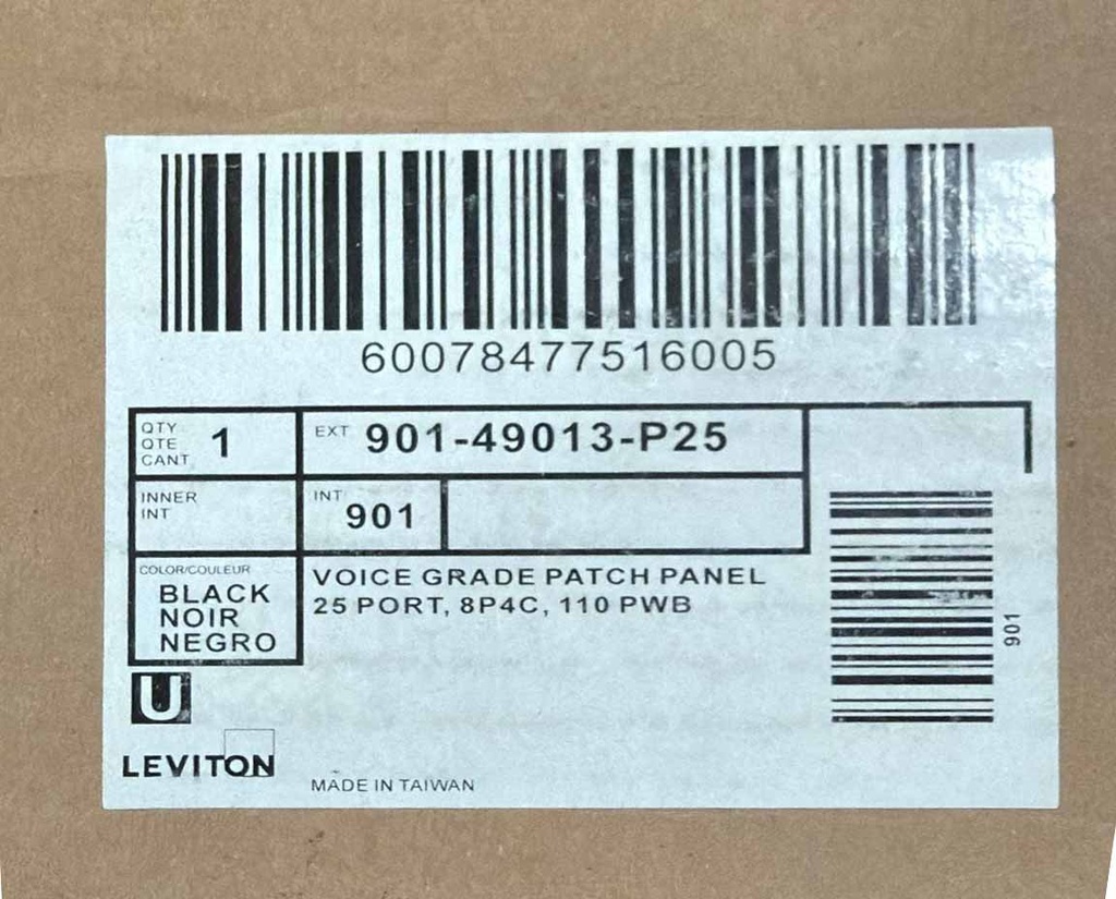 Leviton - 49013-P25 - Voice Patch Panel 25-Port 1RU, 8P4C 110-Style PWB, Loaded, Black.