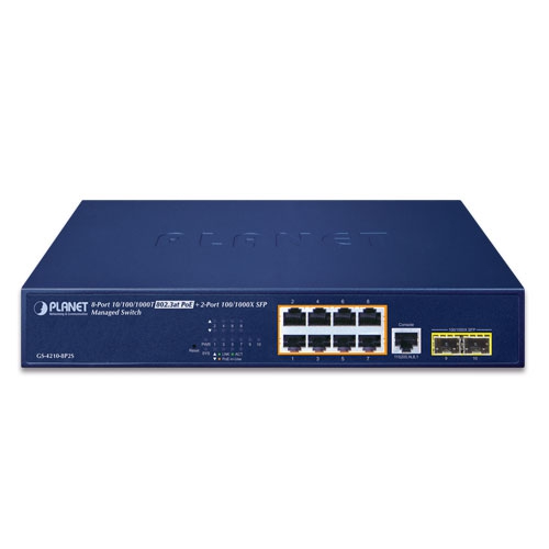 PLANET - GS-4210-8P2S - 8-Port 10/100/1000T 802.3at PoE + 2-Port 100/1000X SFP Managed Switch, Rackmount.