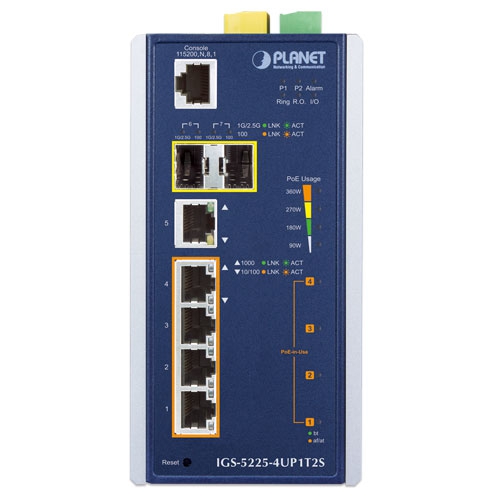 PLANET - IGS-5225-4UP1T2S - Industrial L2+ Managed Switch 5-Port (10/100/1000T 802.3bt PoE++ & 1-Port 10/100/1000T), 2-Port SFP 1G/2.5G, 240W~360W, -40~75C DIN-Rail & Wall Mount.