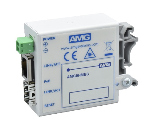 AMG - AMG9HMEC-1GH-1S-P30 - Mini Industrial Media Converter 1-Port RJ45 PoE+ 10/100/1000BaseTx 802.3at 30Watt, 1-Port SFP 1000BaseFx, DIN Rail & Wall Mount, (-40° to +75°c), 48-56Vdc Power Input. *PSU & SFP Not Included