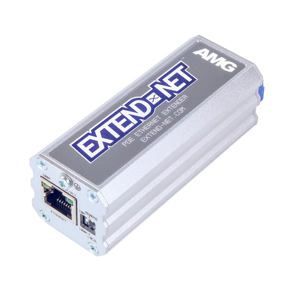 AMG - AMG160-1F-1ET - Industrial 1 Port Ethernet Extender Over Twisted Pair, 1 x 10/100Base-T(x) RJ45 Port, 1 x Extend-Net™ Screw Terminal Port, Supports 802.3at 30W PoE Pass-Through, DIN Rail / Wall Mount, -40°C to +75°C, 24-56VDC Power Input.