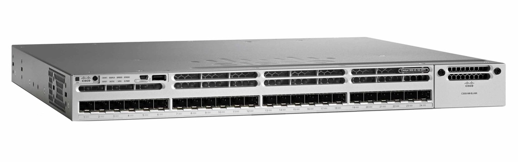 CISCO - WS-C3850-24XS-S - Catalyst 3850 24-Port Stackable 10G Fiber Switch IP Base, 24 x SFP+ Ethernet ports, with 715WAC power supply. (Incl. C3850-NM-4-10G, CAB-TA-UK, STACK-T1-50CM, CAB-SPWR-30CM, PWR-C1-715WAC & S3850UK9-163)