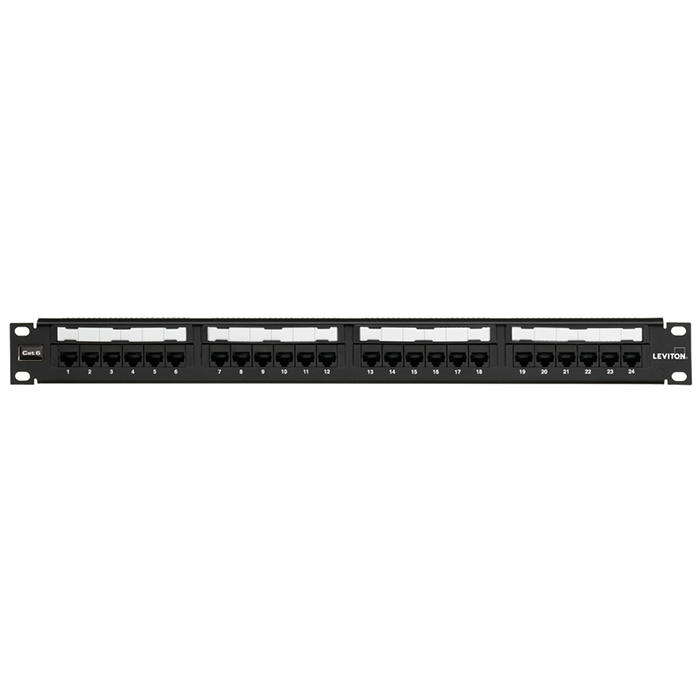 Leviton - 69586-U24 - Patch Panel Cat6 24-Port QuickPort® Flat 1U Loaded + BAR, Black.