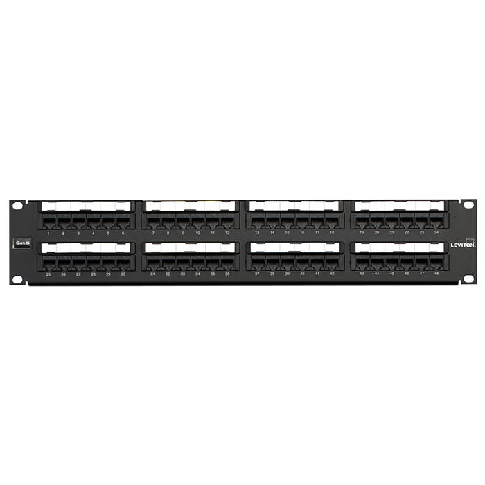 Leviton - 69586-U48 - Patch Panel Cat6 48-Port QuickPort® Flat 2U Loaded + BAR, Black.