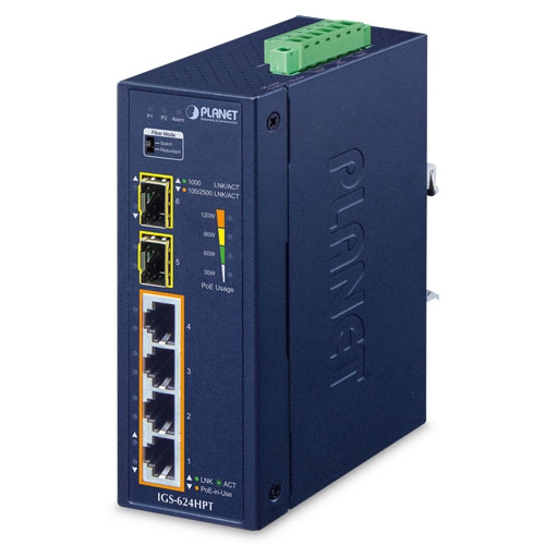 PLANET - IGS-624HPT - Industrial Switch, 4-Port RJ45 10/100/1000T 802.3at PoE+, 2-Port SFP 100/1000/2500X, DIN-Rail, Wall-mount, -40~75C. 5-Years Warranty.