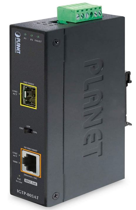 PLANET - IGTP-805AT - IP30 Industrial Gigabit Media Converter, 1000BASE-SX/LX to 10/100/1000Base-T with 802.3at POE+ (-40C -to- 75C).