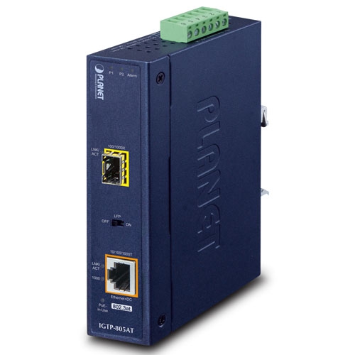 PLANET - IGTP-805AT - IP30 Industrial Gigabit Media Converter, 1000BASE-SX/LX to 10/100/1000Base-T with 802.3at POE+ (-40C -to- 75C).