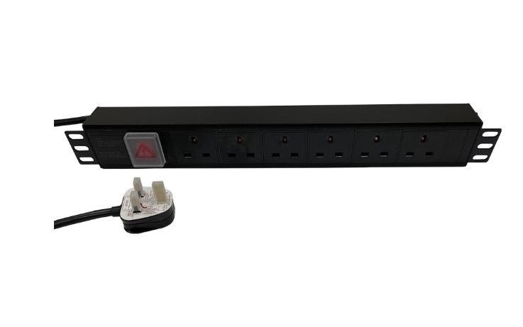 Ultima - 778841 - PDU 6Way Horizontal Unfiltered Switched, 13A UK Plug 13A UK Socket, Black, (H) 45mm x (W) 60mm x (L) 490mm, Cord 3 Mtr.