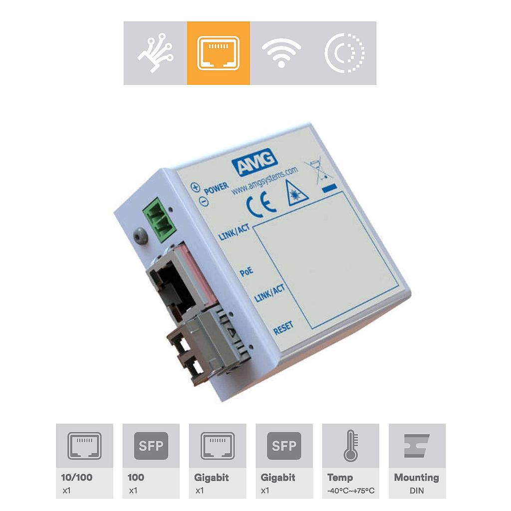 AMG Systems - AMG9HMEC-1GH-1S-P30 - Mini Industrial Media Converter, 1x 10/100/1000 PoE(at) to 1x 1000BaseFX SFP. *PSU & SFP ARE NOT INCLUDED