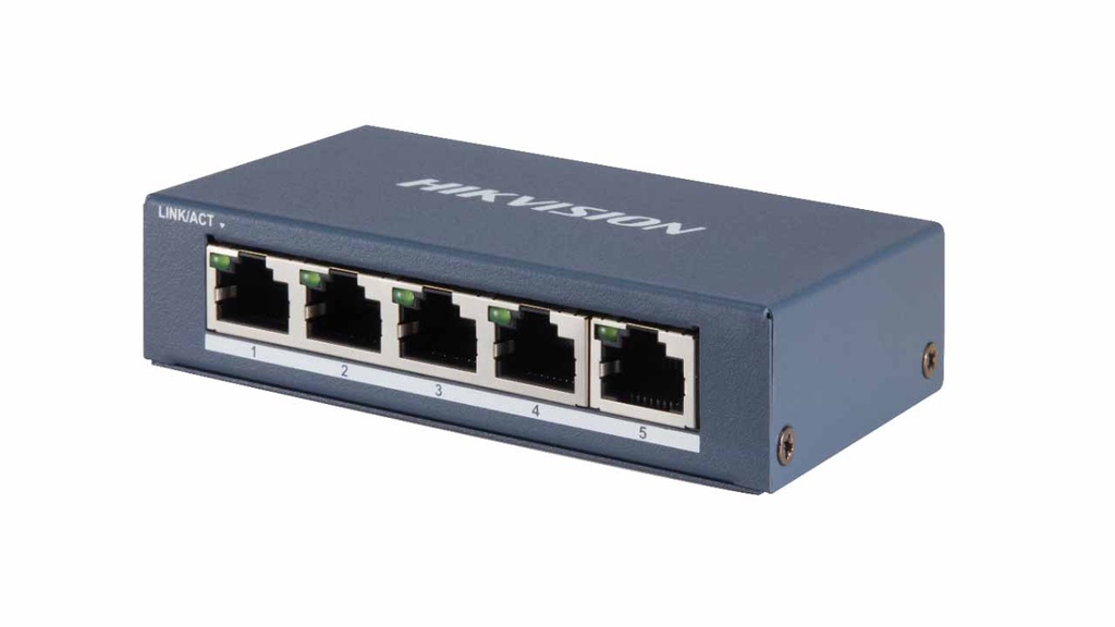 Hikvision - DS-3E0505P-E - 5 Ports L2 Network Switch, 4 Ports Gigabit PoE+ 802.3af/at 30W, +1 Port uplink Gigabit, PoE Budget 60W.