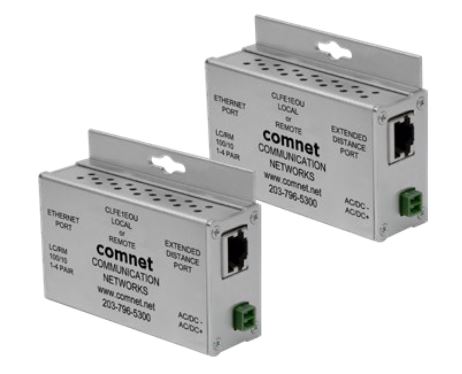 Comnet - CLKFE1EOU - 2 Ethernet-over-UTP Extenders, 1-port, 10/100 BaseTX, with Pass-Through PoE, Local/Remote Configurable, Small Size, Includes Power Supplies.