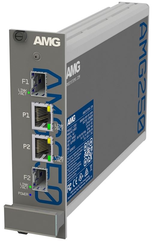 AMG - AMG250R-2G-2S - Dual Channel Industrial Hardened Media Converter, 2x 10/100/1000Base-T(x) RJ45 Copper Ports + 2x 100/1000Base-Fx SFP Ports, Multirate Support, DIN rail/Panel mount, -40°C to +75°C, 10-36VDC Power Input. SFPs NOT INCLUDED.
