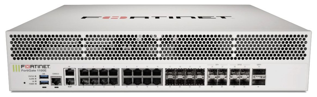 FORTINET - FG-1101E - FortiGate Firewall - 2x 40GE QSFP+ slots , 4x 25GE SFP 28 slots, 4x 10GE SFP+ slots, 8x GE SFP slots, 18x GE RJ45 ports (including 16x ports, 2x management/HA ports) SPU NP6 and CP9 hardware accelerated, 960GB SSD onboard storage, and 2x AC power supplies.