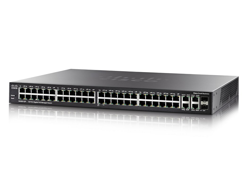 CISCO - SG350-52P-K9-UK - 52-Port Gigabit POE Managed Switch, 48 x 10/100/1000 (PoE+, 8 support 60W PoE) + 2 x Combo (Gigabit Copper / SFP) + 2 SFP ports, 375 Watt.