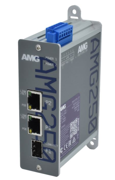 AMG - AMG250-1FAT-1S-P30 - Industrial Media Converter 1 x 10/100Base-T(x) RJ45 Ports with 802.3at 30W PoE & 1 x 100/1000Base-FX SFP Port, DIN Rail / Wall Mount, -40°C to +75°C. 48-56VDC Power Input. SFPs NOT INCLUDED.