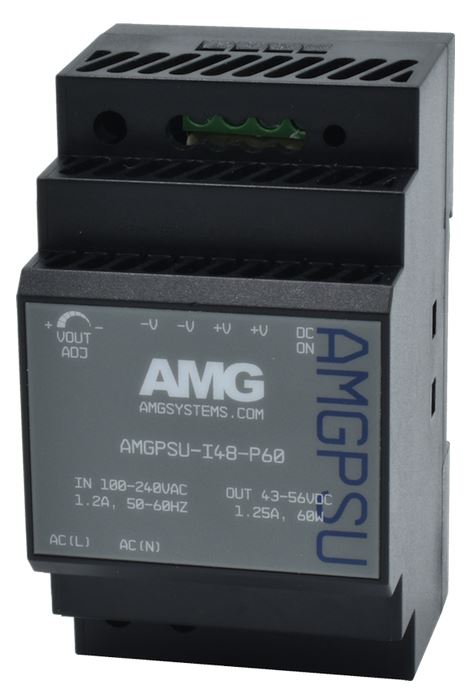 AMG - AMGPSU-I48-P60 - 48 VDC, 60W (1.25A) Industrial Power Supply, DIN-Rail Mounting, -40°C to +70°C (Adjustable 43-56 VDC).