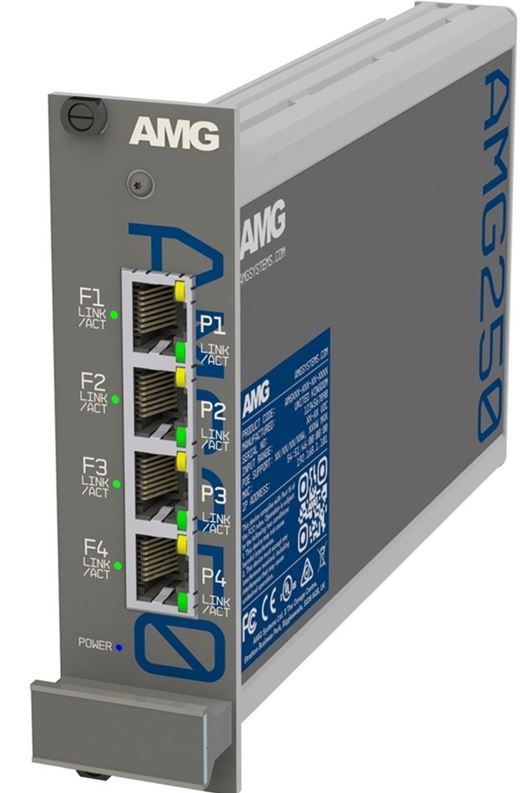 AMG - AMG250R-4F-4S - Four Channel Industrial Media Converter 4 x 10/100Base-T(x) RJ45 Ports & 4 x 100/1000Base-FX SFP Ports, Rack mount, -40°C to +75°C. 12-36VDC Power Input. SFPs NOT INCLUDED.