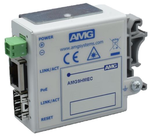 AMG Systems - AMG9HMEC-1F-1S - Mini Industrial Media Converter 1 x 10/100Base-T(x) RJ45 Port & 1 x 100Base-Fx SFP Port, DIN Rail / Wall Mount, -40°C to +75°C, 12-56VDC Power Input. *PSU & SFP ARE NOT INCLUDED