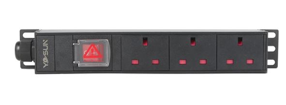 YOSUN - YS1003-K-UK - 1U 3WAY Mini PDU, UK outlets, 13A, 220~250V, with switch, Black Aluminium housing, W267.5mm x D44.8mm x H45mm, BS plug with 2mtr power cable.