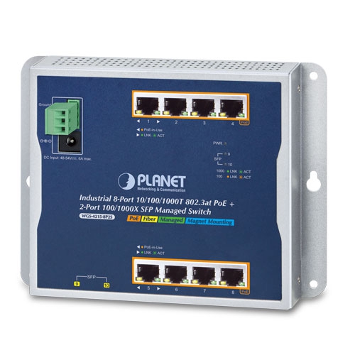 PLANET - WGS-4215-8P2S - Industrial 8-Port Managed L2/L4 Gigabit Switch 802.3at PoE+, 2-Port SFP 100/1000X, -40~75C Wall-mount & DIN-Rail.