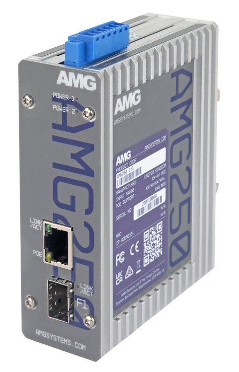 AMG - AMG250-1GBT-1S-P90 - Industrial Media Converter 1-Port RJ45 PoE 10/100/1000Base-Tx 802.3bt 60/90W, 1-Port SFP 100/1000Base-Fx, DIN Rail & Wall Mount, (-40° to +75°c), 48-56Vdc Input. *SFPs Not included