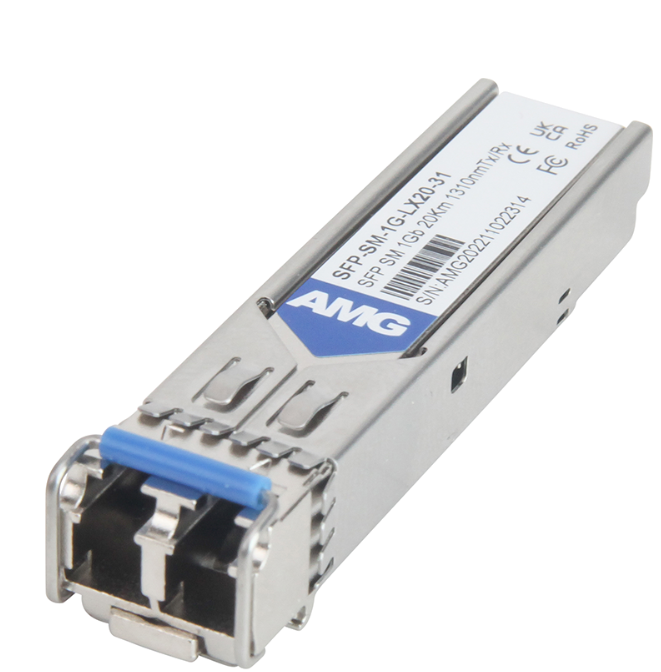 AMG - SFP-SM-1G-LX20-31 - SFP Singlemode, 1Gb, 2 Fibers, 20Km, LC Connectors, 1310nm Tx/Rx, -40°C to +85°C, DDM.