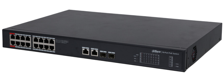 Dahua - DH-PFS3220-16GT-240 - 16 Port POE Switch with 16 × RJ45 10/100/1000 M (PoE) 2 × RJ45 10/100/1000 M (uplink) &  2 × SFP 1000 M (uplink), Layer2,  Unmanaged Switch, 240W POE Budget.