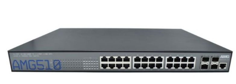 AMG Systems - AMG510-24GAT-4XS-P460 - 28 Port Managed Switch, 24 x 10/100/1000Base-T(x) RJ45 Ports with 802.3at 30W PoE (460W Max), 4 x 100M/1/2.5/10G Base-FX SFP+ Ports, 1U 19inch Rack Mount, 0°C to +50°C, 100-240VAC IEC Mains Power Input.