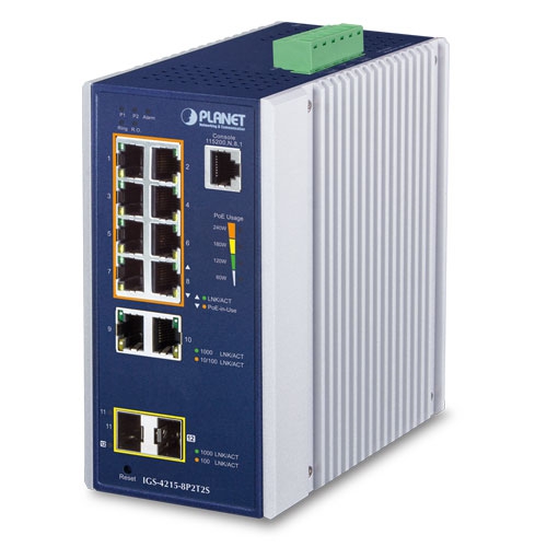 PLANET - IGS-4215-8P2T2S - Industrial L2 Managed Switch 8-Port 10/100/1000T 802.3at PoE+, 2-Port 10/100/1000T, 2-Port SFP 100/1000X, Max POE 240W, IP30 40~75C, DIN-Rail & Wall-mount.