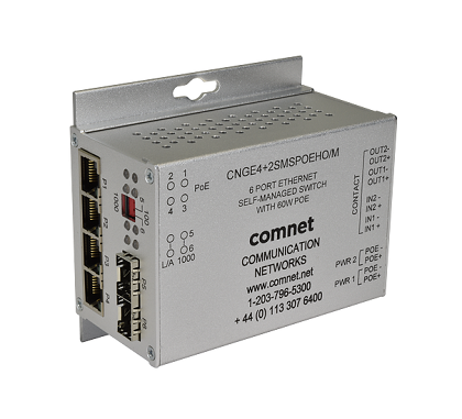 Comnet - CNGE4+2SMSPOE/M - 6-Port Industrial intelligent switch, light management, 4-P RJ45 10/100/1000Base-TX PoE+, 2-P SFP 100/1000Base-FX, RSTP redundancy, IGMP snooping, Port Guardian, upto 30W PoE per port.