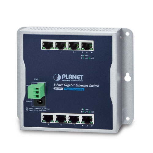 Planet - WGS-803 - Industrial 8-Port Gigabit Switch, Wall-mount & DIN-Rail, IP30 (-10 ~ 60C), Dual Power Input 12~48VDC.
